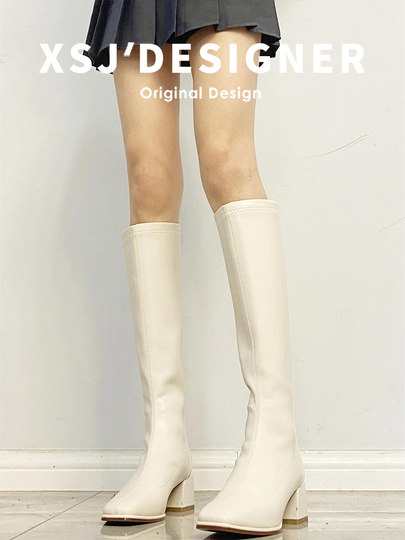 Autumn and Winter Genuine Leather Chunky Heel Long Boots for Women, Slimming High Boots, Over-The-Knee Elastic Soft Leather Slim Boots, Riding Boots