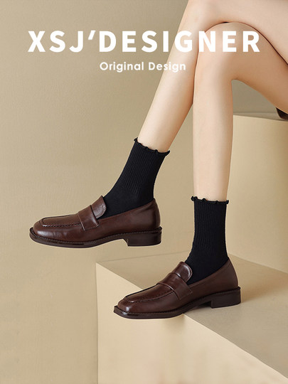 French-Style Genuine Leather Loafers for Women, Square-Toe, Retro British Style, Slip-On, Soft Leather, Flat-Soled Shoes for Commuting