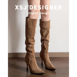 Autumn and Winter Melard Slouch Boots for Women, Vintage Pleated Slimming Western Boots, Suede Pointed Toe Stiletto High-Heeled Knee-High Riding Boots