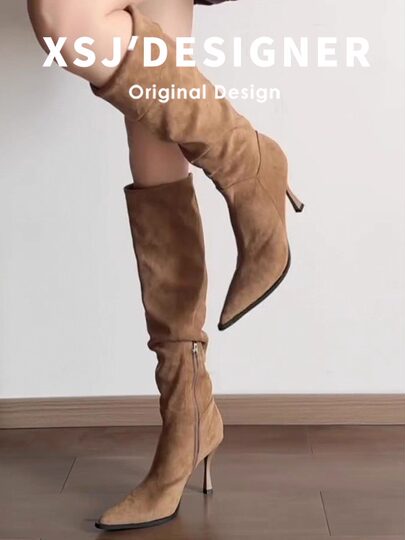 Autumn and Winter Melard Slouch Boots for Women, Vintage Pleated Slimming Western Boots, Suede Pointed Toe Stiletto High-Heeled Knee-High Riding Boots