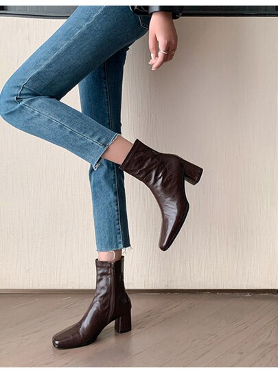 Genuine Leather Chunky Heel Short Boots for Women, Square Toe, 2025 New Spring and Autumn Single Boots, Retro High-Heeled Martin Boots, Chelsea Slim Boots