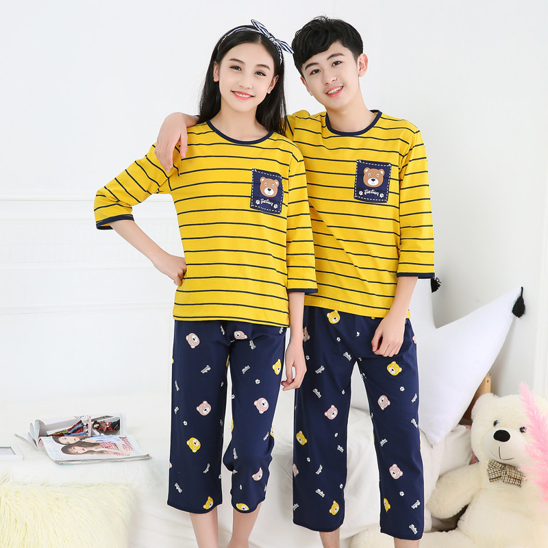 Junior high school pajamas men's summer cotton thin household clothing suit 12 girls and teenagers 13 air conditioning clothing 14 years old