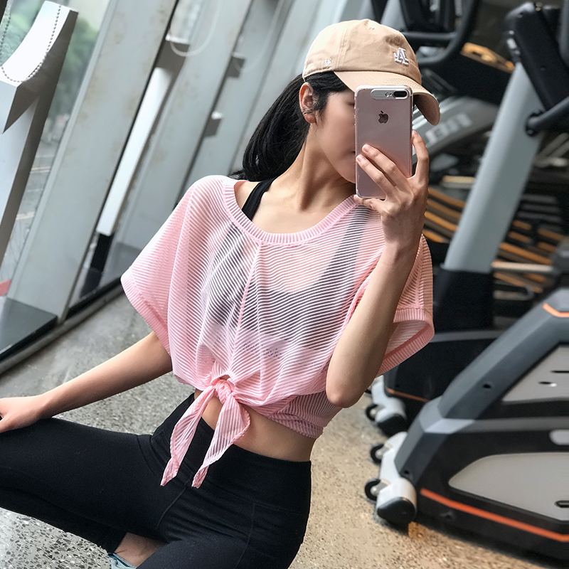 Loose umbilical mesh sports T-shirt women's quick-drying running short-sleeved top breathable gym yoga suit blouse summer