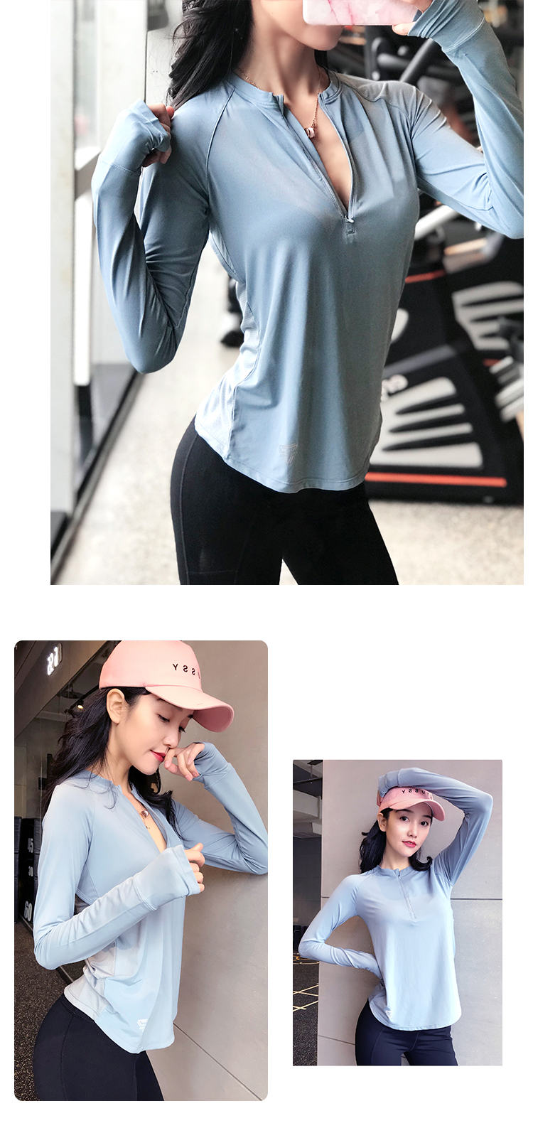 Quần thể dục nữ dài tay thể thao nhanh khô một nửa dây kéo chạy áo thun yoga quần áo sơ mi đào tạo cổ tròn áo top tank