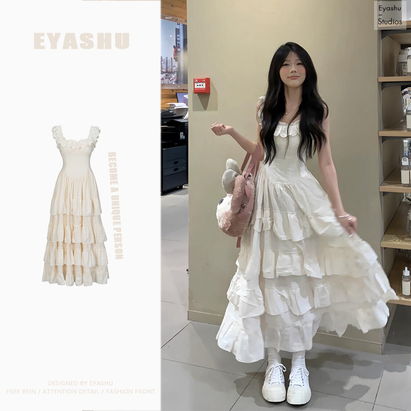 Little Flying Sleeve Spaghetti Strap Dress for Women, Lace Splicing, Large Skirt, Waist-Cinching, Seaside Vacation, Super Fairy-Like, Mid-Length Tiered Dress