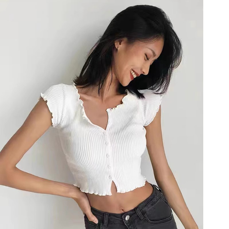 American Retro Ruffled Round Neck T-Shirt for Women, Slim Fit, Cropped Top, Knitted Cardigan American Retro Ruffled Round Neck T-Shirt for Women, Slim Fit, Cropped Top, Knitted Cardigan