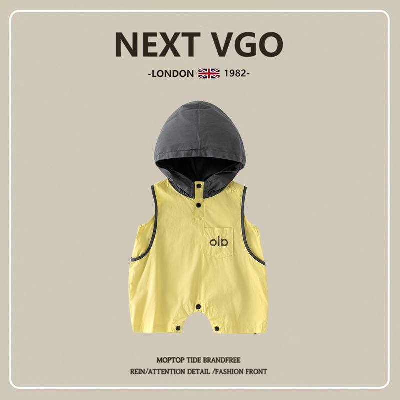 British Next Vgo Baby Sleeveless Jumpsuit Summer Pure Cotton Baby Boy 100-Day Stylish Hooded Romper for Going Out