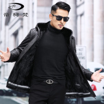 New genuine leather jacket mens mink inner bile goat leather mid-length hooded fur all-in-one mink coat jacket winter