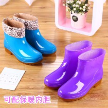Short heels with hair on rainy days Womens bucket kitchen short rain shoes women can wear waterproof boots overshoes women rubber shoes water