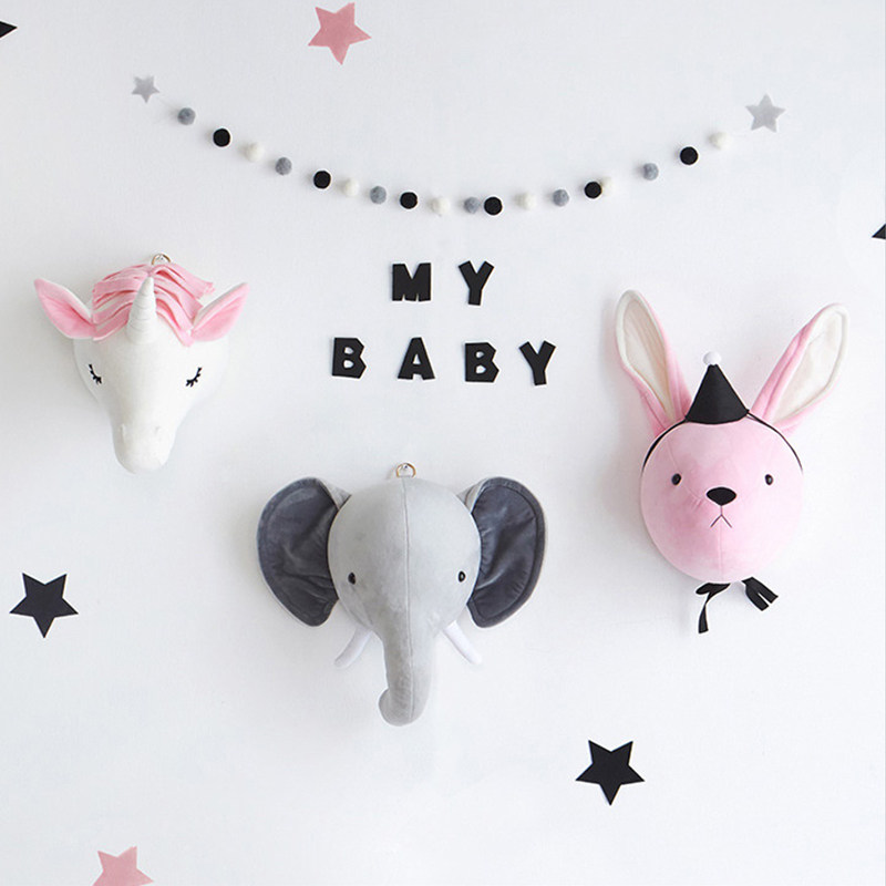 ins Nordic style children's room wall hanging unicorn Elephant Rabbit animal head plush toy fabric decoration