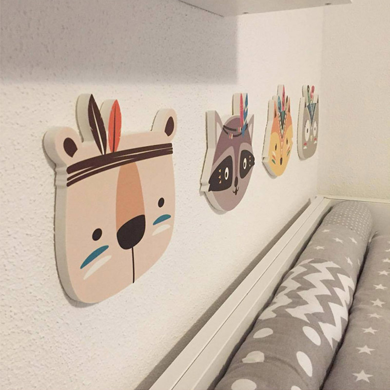 ins Nordic style solid wood wall sticker Children's room wall decoration Wood-plastic board Cartoon animal wall decoration free hole
