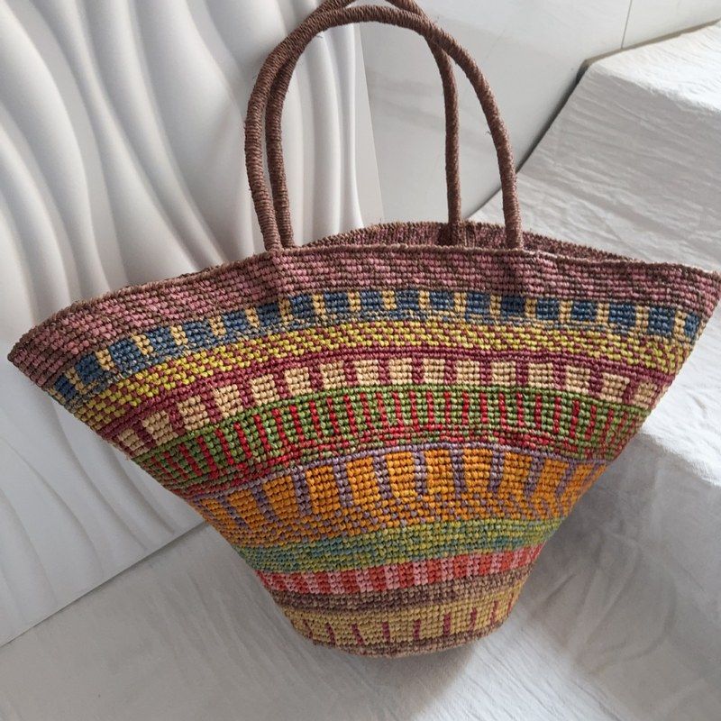 26 New Bohemian Ethnic Style Raffia Hand-Woven Straw Bag Women's Hand-Held Vacation Shoulder Tote Bag
