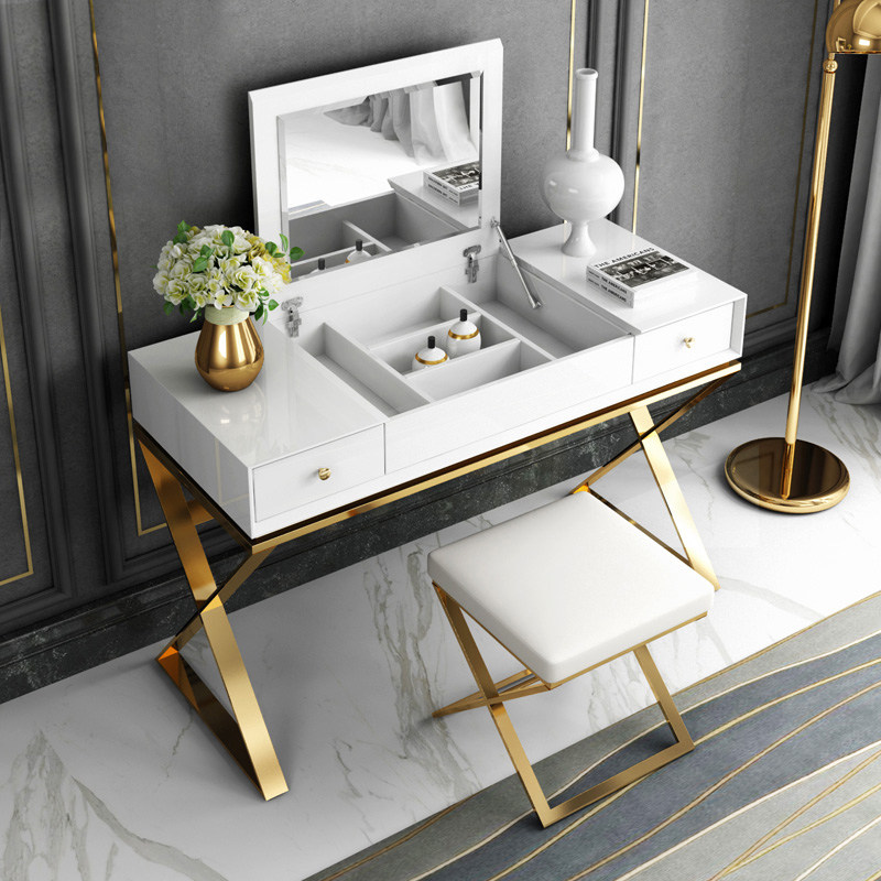 Light luxury dressing table post-modern simple stainless steel Hong Kong style dressing table bedroom small apartment flip makeup cabinet table