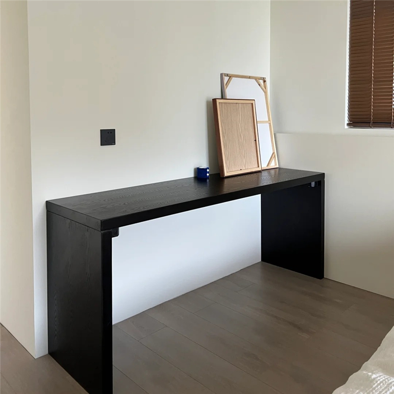 Solid Wood Double Computer Desk for Home Study, Children's Desk, Wall-Mounted Narrow Long Table, Simple Black Bedroom Bedside Table