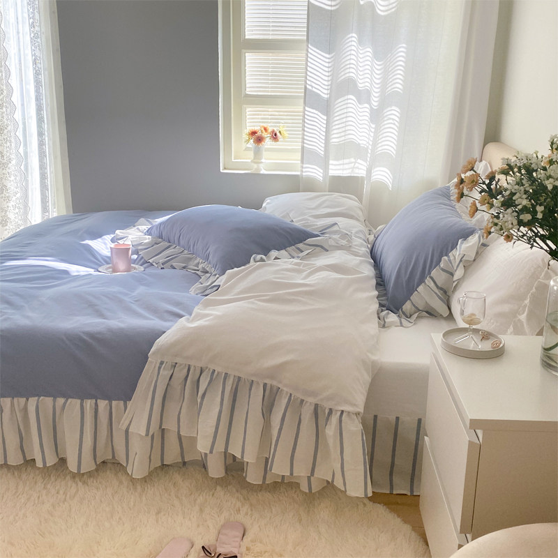 Blue Dream Super Korean INS Widened Lotus Leaf Lace Cotton Washed Cotton Four-piece Cotton Bedding