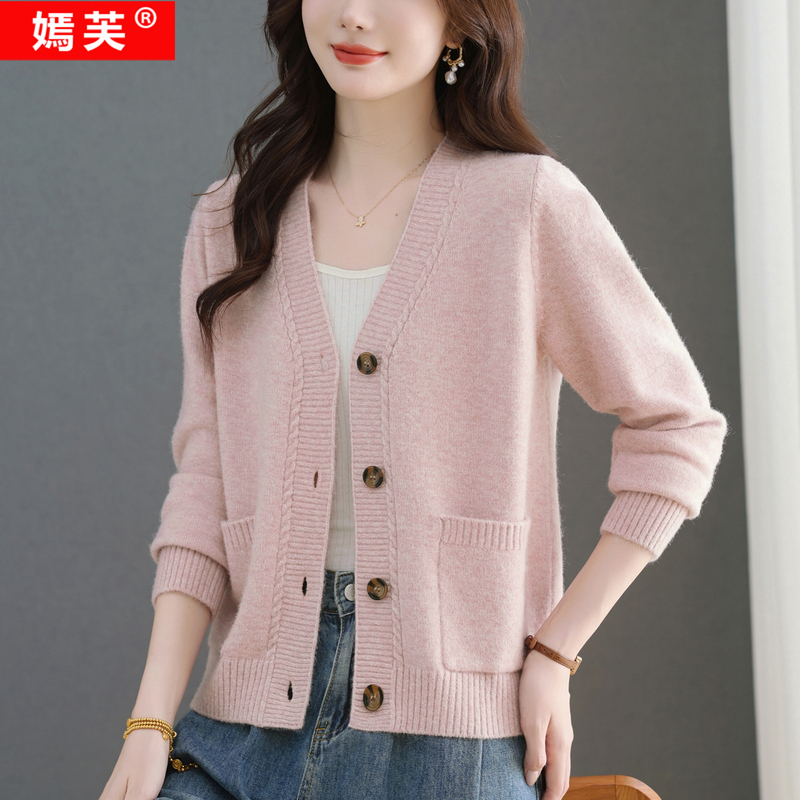 Yanfu V-Neck Sweater Cardigan for Women 2026 New Spring and Autumn Loose Large Size Wool Knit Jacket Mother's Wear Outerwear