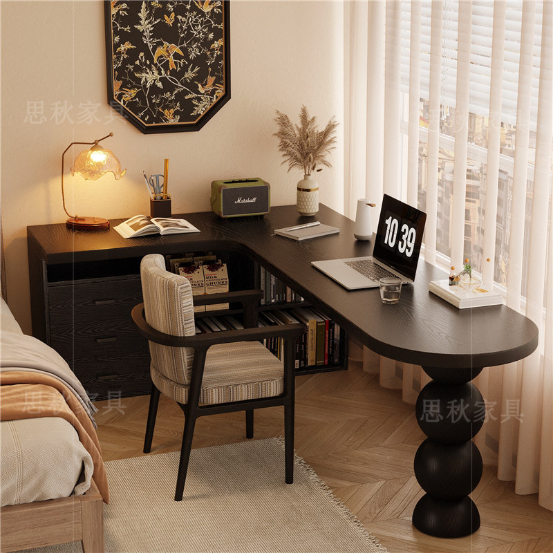 All Solid Wood Corner Desk and Bookcase Integrated Black Computer Desk L-Shaped Corner Workbench Bedroom Writing Desk