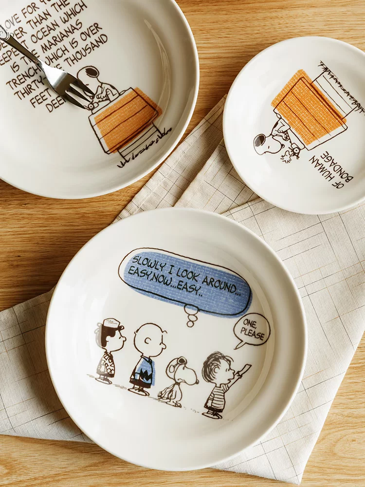 Nuby, snoopy, Japanese import tableware, set, ceramic dinner plate with glass