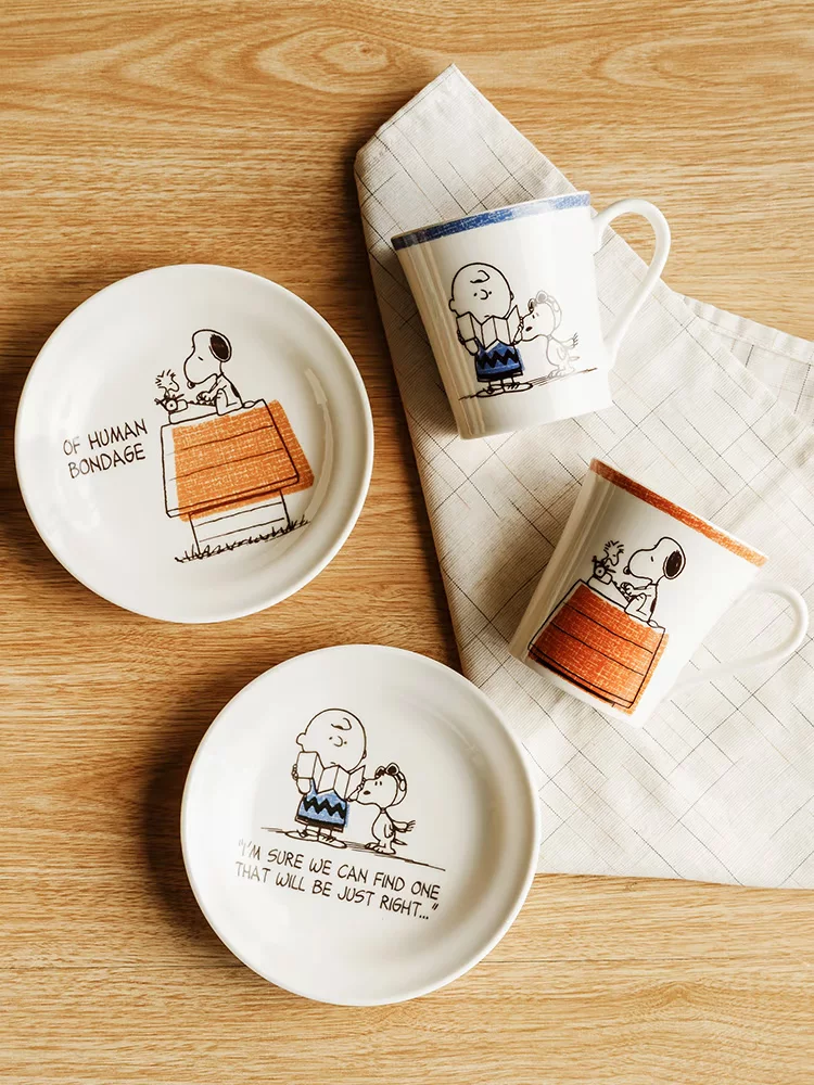 Nuby, snoopy, Japanese import tableware, set, ceramic dinner plate with glass