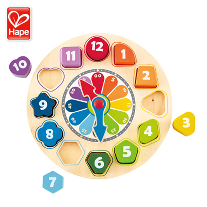 hape building block clock children's toy wooden 3d solid shape Cognitive Pairing Jigsaw Puzzle 1-3-year-old baby puzzle