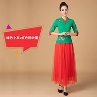 Зеленая топ + юбка из красной сетки