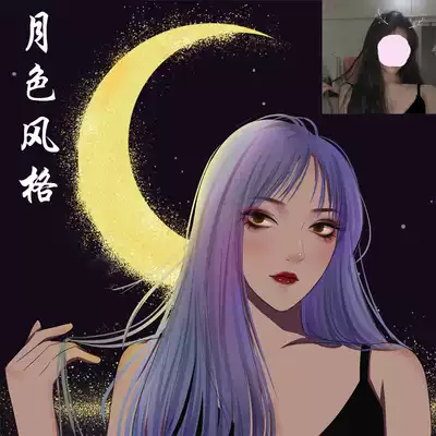 Moonlight style head hand-painted couple cartoon character Image real photo girl comic illustration set production