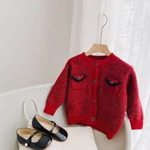 Girls knitted cardigan childrens foreign style sweater baby spring clothes 2022 new red small fragrance coat spring and autumn tide