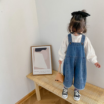 Childrens soft jeans 2022 spring and autumn Korean fan casual overalls boys and girls baby one piece pants trendy