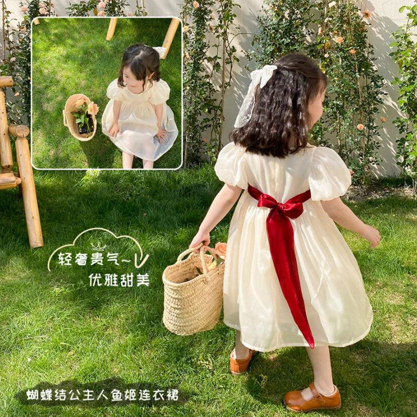 Kai mom girl dress 2022 new summer dress princess gauze skirt baby court style puff sleeve dress skirt