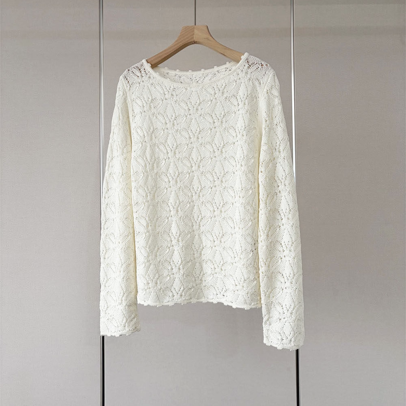 Er~2026 Spring Linen Tencel Sweet Jacquard Hollow Crochet Round Neck Pullover Sweater Knitwear Blouse for Women Er~2026 Spring Linen Tencel Sweet Jacquard Hollow Crochet Round Neck Pullover Sweater Knitwear Blouse for Women