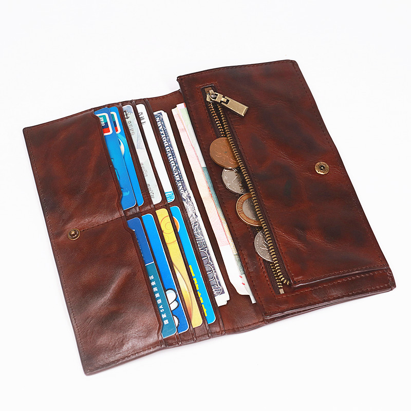 First layer cowhide leather long version vegetable tanned leather handmade retro new folded old zipper men's horizontal wallet