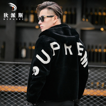 Mens new winter leather jacket Haining trend hooded letter loose wool fur coat