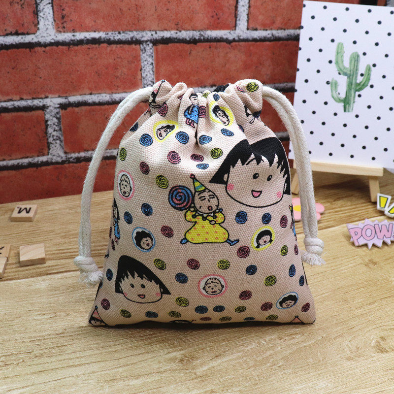 Thickened canvas cartoon cherry ball mobile phone key change cosmetic bag storage drawstring pocket