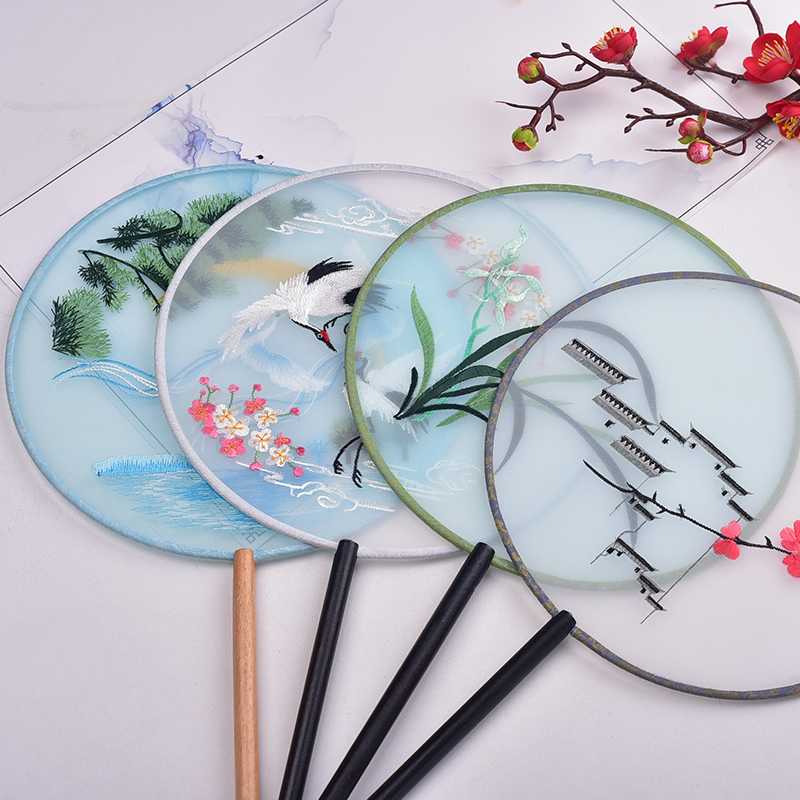 Embroidered ensemble machine embroidered double-sided embroidered fan black sandalwood fan handle woman su embroidered long handle flowing sugu wind round fan