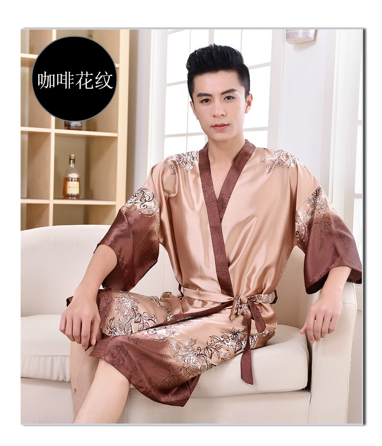 Váy ngủ nam mùa hè băng lụa ngắn tay mỏng phần áo choàng lụa gợi cảm nam dài phần XL đồ ngủ lụa áo tắm nam nữ