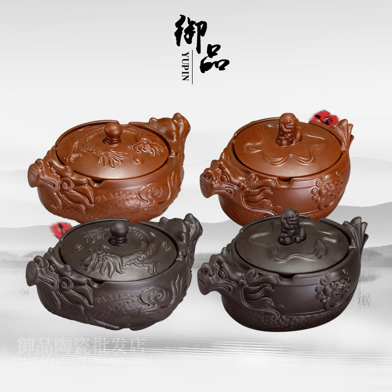 Yixing purple sand practical ashtray with lid sangyong dragon boat ornaments tea play tea pet creative retro purple sand saucer