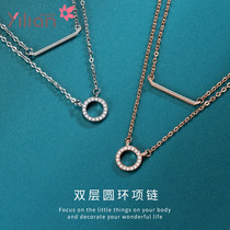 Zodiac year s925 sterling silver temperament double layer ring necklace womens simple and high-end Korean style one-word stick inlaid diamond jewelry