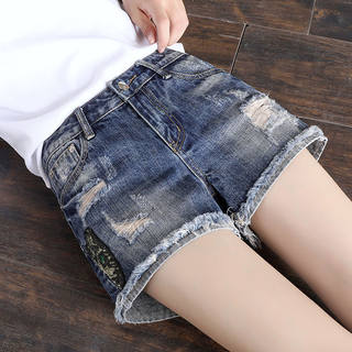 Denim shorts women's summer thin 2021 new high-waisted loose ripped holes raw edges embroidered sequins Korean style hot pants