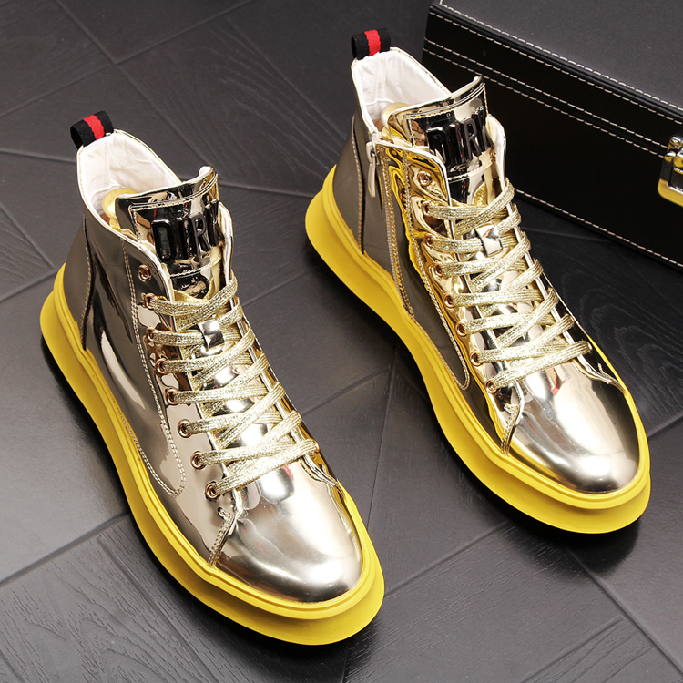 European station high-gang tide men's shoes and Korean edition trend of paint leather increased gold shoes male trend martin boots