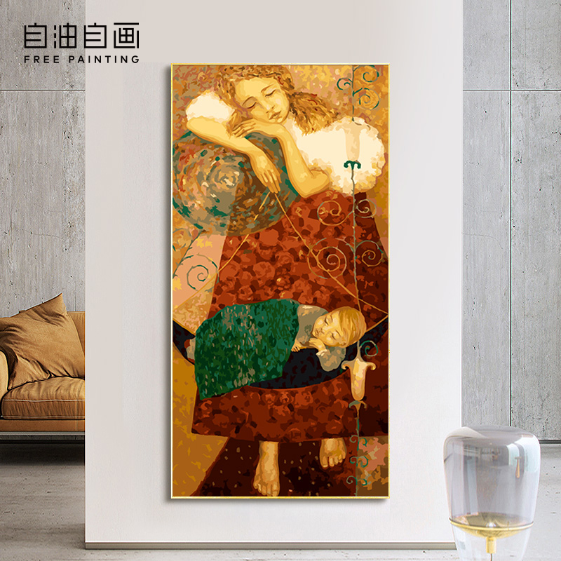 Self-oil self-painting diy digital oil painting large living room figure European style retro hand-painted color decoration painting mother and son