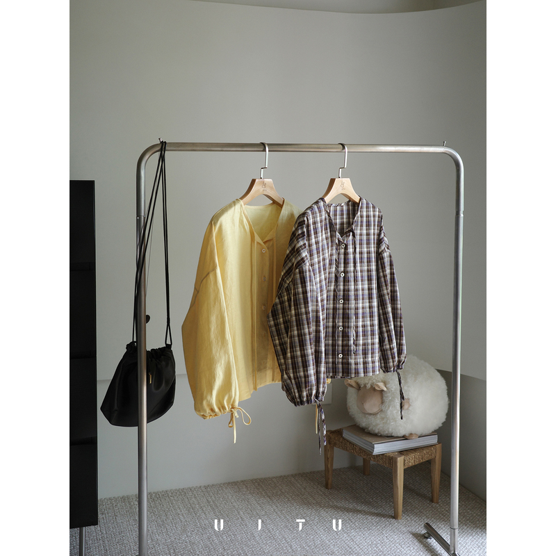 Uitu26Ss|European Royal Belgian Libeco Linen & Japanese Plaid Hemp Bell Sleeve Blouse Uitu26Ss|European Royal Belgian Libeco Linen & Japanese Plaid Hemp Bell Sleeve Blouse