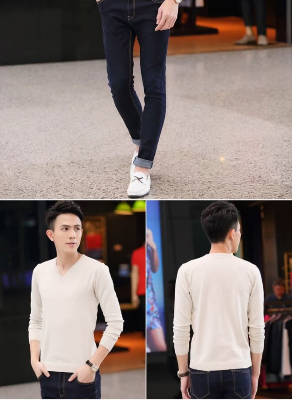 Áo len nam Áo len dệt kim Hàn Quốc v-cổ mỏng Phần áo len Cotton Áo thun đáy quần mùa thu Tide nam mặc - Hàng dệt kim áo len nam hàn quốc	