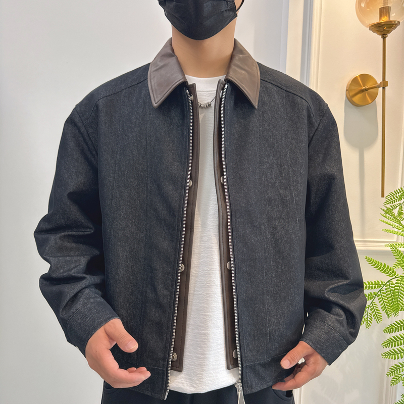 Men's American Retro Lapel Patchwork Trendy Denim Jacket, Loose Casual Korean Style Trendy Coat for Autumn