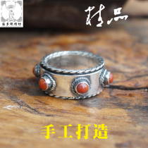 Miao Xiang Silver Embroidery Workshop S990 Pure Hand Inlaid South Red Forwarding Tail Index Finger Foot Silver Personality Ring Design Order