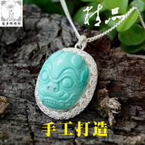 Miao Township Silver Embroidery Square handmade S99 personality Green Pine Gem pendant not glued silver male and female personality design customized