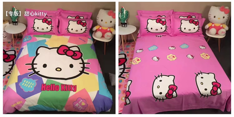 Bông Hello Kitty gia đình kt bốn chải Holle bông chăn chào con mèo cô gái cô gái Sheets - Bộ đồ giường bốn mảnh