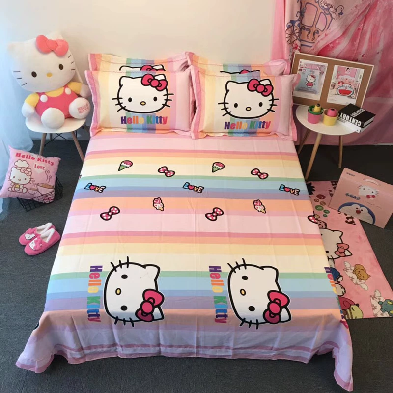 Bông Hello Kitty gia đình kt bốn chải Holle bông chăn chào con mèo cô gái cô gái Sheets - Bộ đồ giường bốn mảnh