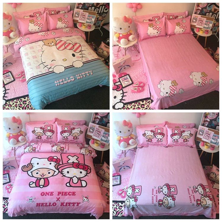 Bông Hello Kitty gia đình kt bốn chải Holle bông chăn chào con mèo cô gái cô gái Sheets - Bộ đồ giường bốn mảnh