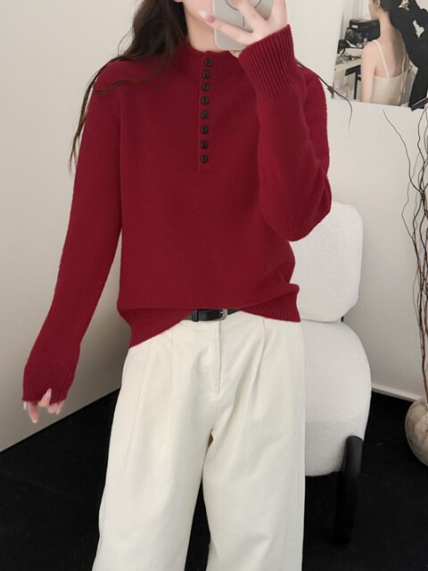 100% Pure Wool Half-Turtleneck Buttoned Knit Sweater for Women 25 New Winter Style Versatile Fashionable Base Cashmere Sweater 69