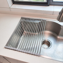 Roll-up drain board 304 stainless steel sink drain rack washing dishwasher silicone folding water filter rack